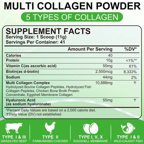 Miniatura 5 de SCOLA Péptidos de colágeno en polvo - Tipo I, II, III, V, X - Péptidos de colágeno hidrolizados con vitamina C ácido hialurónico, apoya la piel