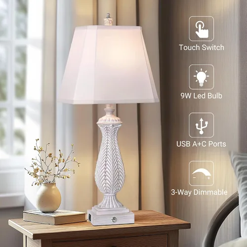 Miniatura 5 de Juego de 2 lámparas de mesa regulables de 3 vías para dormitorio, lámparas táctiles de 30 pulgadas de alto para sala de estar con puertos USB y tipo