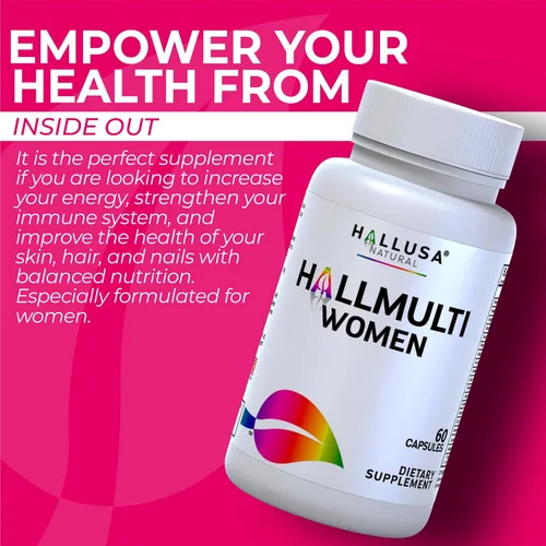 Miniatura 6 de HallMultiWomen - Multivitamínico para mujeres 60 cápsulas con biotina, zinc, magnesio, vitaminas A, C, D, E y complejo B Suplemento diario