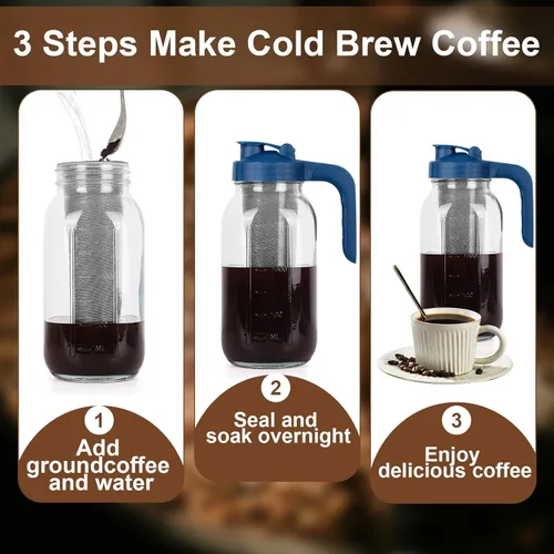 Miniatura 5 de Jarra para hacer café frío, Jarra de vidrio de Mason de 64 onzas de alta resistencia con asa de salida en forma de V y tapa, Filtro de acero Azul