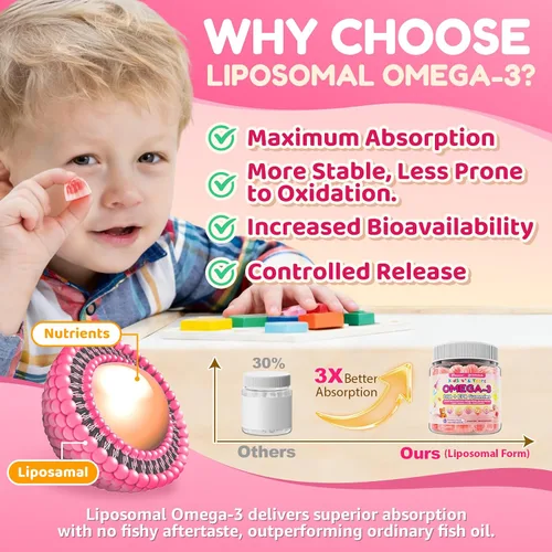 Miniatura 7 de Omega 3 para niños y adolescentes, vitaminas de enfoque para niños con melena de león, súper verdes, luteína, metil B12 B9, para enfoque cerebral