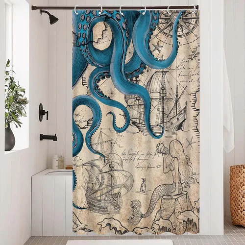 Miniatura 28 de Fungarth Cortina de ducha de pulpo náutico azul, sirena azul marino, divertida cortina de ducha estilo kraken del océano para baño, ancla fresca