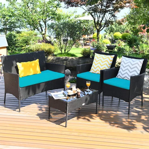 Miniatura 9 de Juego de muebles de patio de 4 piezas, juego de conversación al aire libre con respaldo ergonómico curvo, juego de sillas de patio con cojín Turquesa
