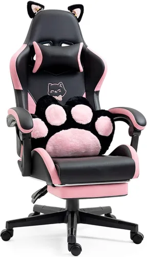 Miniatura 7 de Silla ergonómica de cuero para juegos con reposapiés, cómoda silla de juegos beige con cómodo reposacabezas y soporte lumbar para adultos, niños