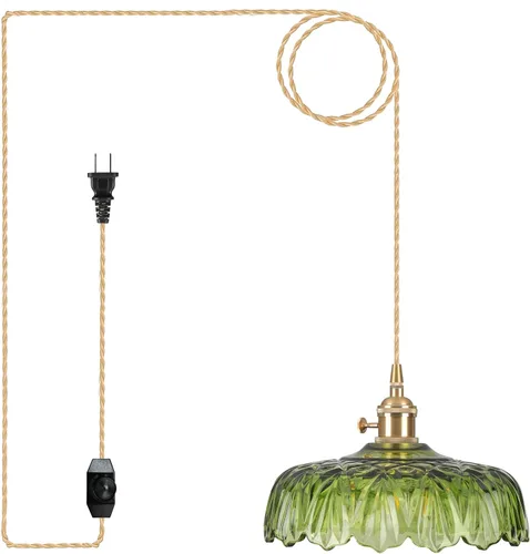 Miniatura 20 de Luces Colgantes para Isla de Cocina, Luz Colgante de Cristal Verde Accesorios de Iluminación Vintage, 9.4 pulgadas E26 Acabado Lámpara Colgante
