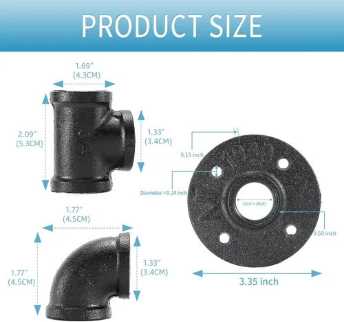 Miniatura 2 de Accesorios de tubería negros de 3/4", Home TZH - Juego de 30 unidades de brida de piso/codo/camiseta para estilo vintage industrial