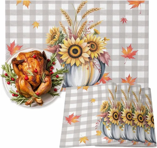 Miniatura 61 de Juego de 4 manteles individuales Boho de otoño, calabazas de acuarela para Acción de Gracias, resistentes al calor, lavables, para mesa, manteles