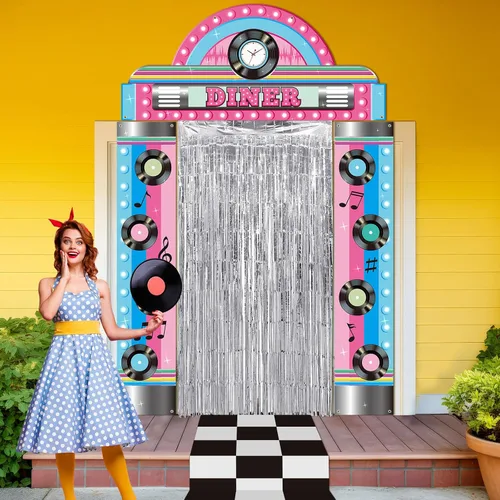 Miniatura 4 de VitalCozy 7 piezas Decoraciones de fiesta de los 50s Banderas de fiesta retro de la década de 1950 para restaurante estilo diner, alfombra a cuadros