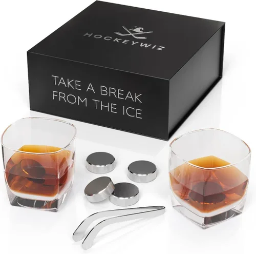 Juego de piedras de whisky 7 piezas | 4 piedras de whisky con forma de disco de hockey y gel refrigerante interior | Pinzas en forma de palo de