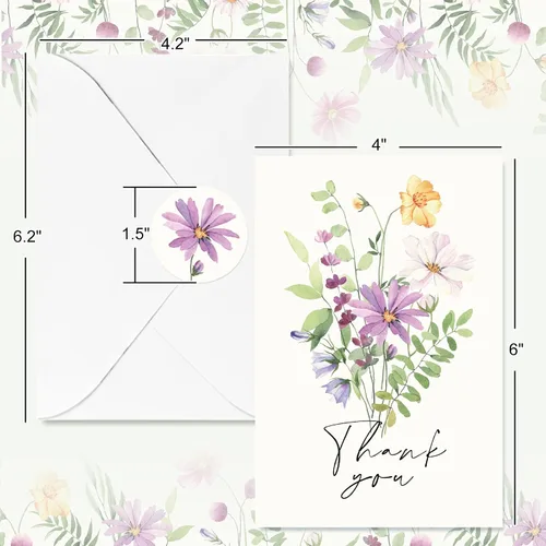 Miniatura 2 de AnyDesign Paquete de 36 tarjetas de agradecimiento florales, tarjetas de felicitación de flores silvestres en acuarela con sobres, calcomanías