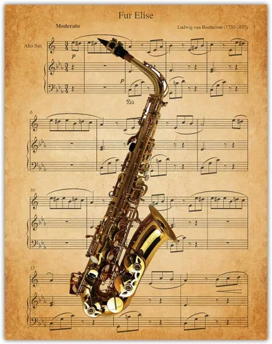 Vintage Saxophone Fur Elise Music Sheet: Aesthetic Wall Art Prints for Bathroom, Home, Man Cave, Dorm, Office & Bar Wall Decor Poster - Creative