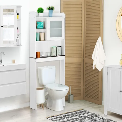 Miniatura 4 de SUPER DEAL - Mueble de baño de madera con estantes ajustables, uso sobre el inodoro Blanco