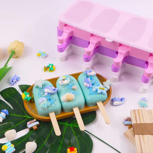 Miniatura 2 de 3 moldes de silicona grandes para paletas con tapas, 4 cavidades, moldes ovalados para barra de helado, moldes de silicona con 100 palos de madera