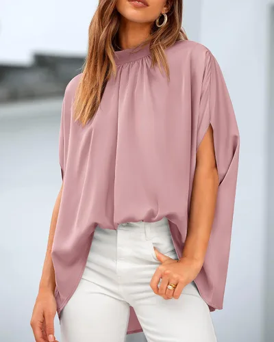 Miniatura 56 de BTFBM Blusas de verano para mujer, cuello alto falso, manga murciélago, holgadas, dobladillo alto y bajo, blusas informales de gran