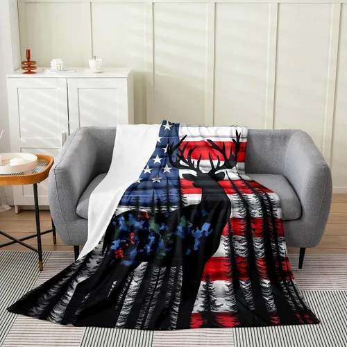 Erosebridal American Flag Throw Blanket 40x50 Inch Sofa Bed Couch Decor,Rustic Deer Hunting Fleece Blanket for Kids Boys Girls,Farmhouse Cabin Bed