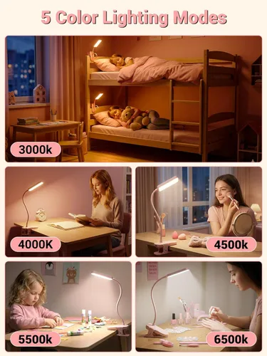 Miniatura 3 de Lámpara de escritorio rosa linda luz de lectura, 45 modos de luz regulable con clip con batería de 4000 mAh, lámpara de escritorio recargable de 450