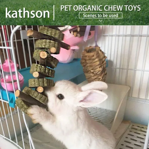 Miniatura 4 de kathson 3 piezas de juguetes masticables de conejo para rechinar dientes, golosinas de chinchilla palos de bambú orgánico ramas de madera de fruta