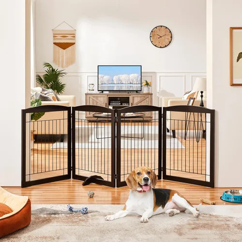 Miniatura 2 de Yaheetech Puerta extra ancha independiente para perros, valla plegable para cachorros con pies de apoyo adecuada para puertas, escaleras, 98 Espresso