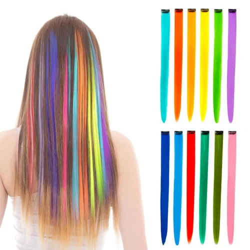 12 extensiones de cabello con pinza de colores de 20 pulgadas arcoíris largas y lacias de BEAHOT, piezas de cabello sintético para clip, disfraz de