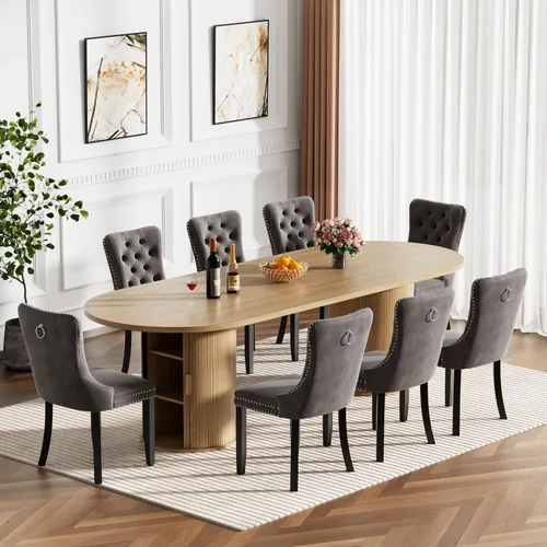 Miniatura 17 de Mesa de comedor redonda extensible de 94 pulgadas con base de almacenamiento, mesa de comedor expandible natural para 10, mesa de comedor de madera