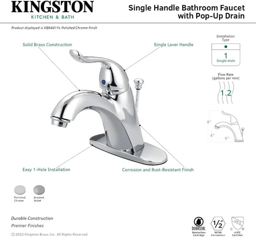 Miniatura 5 de Kingston Brass KB6401YL Grifo de baño de una sola manija, cromo pulido de 4 pulgadas