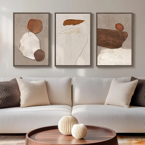 Miniatura 36 de Arte de pared abstracto neutro con marco grande para sala de estar, 3 piezas, impresiones modernas en lienzo para paredes, cuadros negros y beige