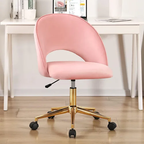 Miniatura 3 de Furnimart Silla de escritorio sin brazos rosa, silla de tocador giratoria de terciopelo con patas doradas, linda silla de tareas con ruedas