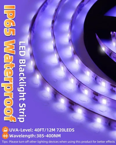 Miniatura 3 de Kit de tira de luz LED negra impermeable IP65 de 40 pies/39.4 ft, 720 LED, accesorios de luz negra flexible de 12 V, 385-400 nm, tiras LED de luz