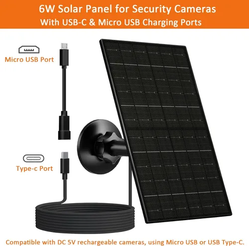 Miniatura 3 de FUTUREZEN Panel solar de 6 W para cámara de seguridad al aire libre, cargador solar USB/USB-C de 5 V compatible con cámaras de batería recargable