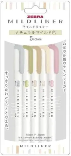 Marcador de línea Zebra, pigmento grueso y fino a base de agua, Mildliner, colores suaves naturales, 5 colores WKT7-5C-NTC