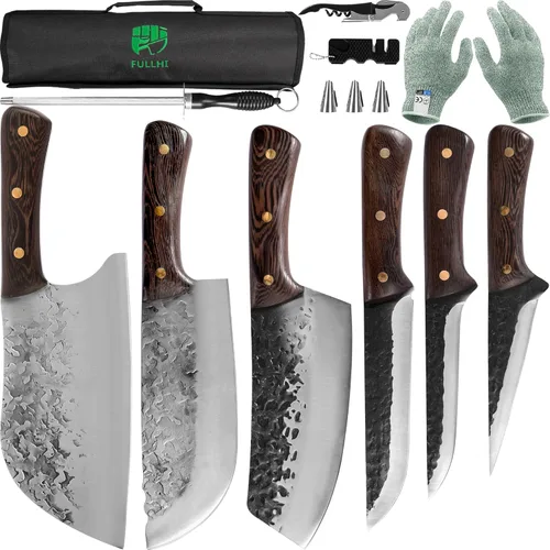 FULLHI Juego de cuchillos de pescado de chef/carnicero, acero de alto carbono forjado a mano con bolsa para cocina, camping, barbacoa