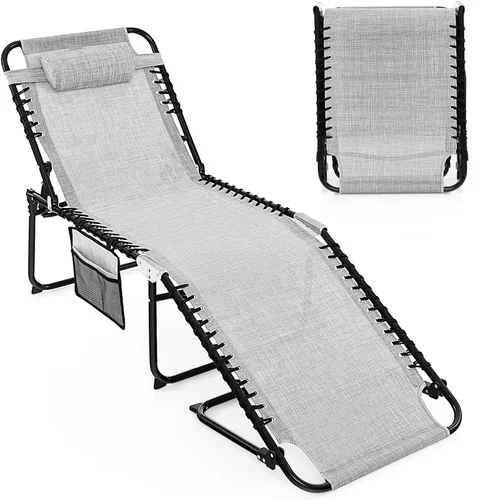 Miniatura 15 de Goplus Tumbona para exteriores, silla de playa plegable extragrande de 5 posiciones con almohada desmontable, bolsillo lateral, silla de bronceado