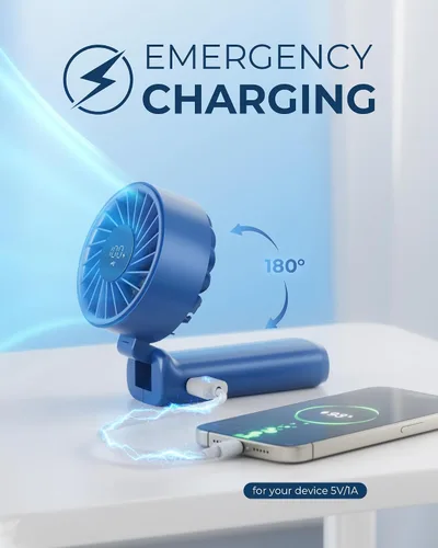 Miniatura 4 de Ventilador de mano, ventilador portátil, ventilador personal recargable de 4000 mAh, mini ventilador de escritorio plegable de 180° con 6 Azul