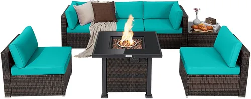 Miniatura 11 de Tangkula Juego de muebles de patio de 7 piezas con mesa para fogata, 50,000 BTU 32 pulgadas de propano con cubierta impermeable, juego de mimbre