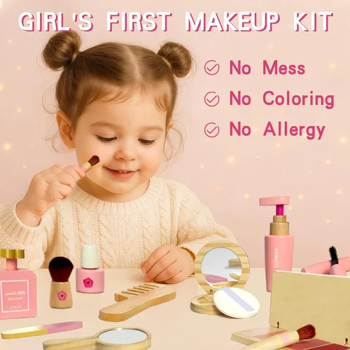 Miniatura 2 de Juego de juguetes de maquillaje de madera para niñas, kit cosmético realista con lápiz labial y espejo, regalo de juego de simulación para niños