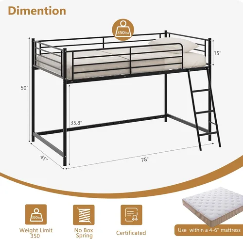 Miniatura 3 de Bonnlo Cama baja tipo loft tamaño individual, marco de cama individual de metal con escalera inclinada y barandillas de seguridad, diseño