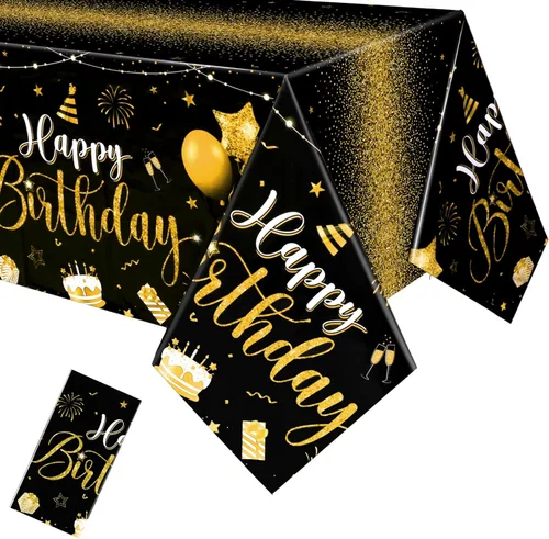 Tudomro 3 piezas de manteles de feliz cumpleaños, manteles de plástico para decoración de fiesta de cumpleaños, paños rectangulares para baby Negro