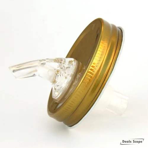 Miniatura 6 de Mason Jar Pour Spouts Tapa TinPlate Mason Jar Tapa Dispensador Tapa de brote Tapa de flujo libre (2 unidades Metal Dorado)