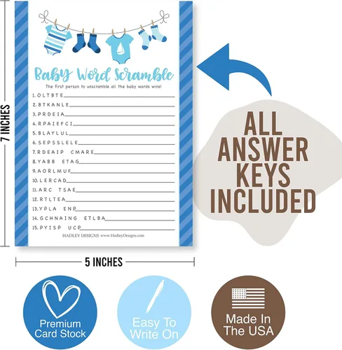 Miniatura 5 de Hadley Designs Juegos de baby shower para 25 invitados – Juego de ropa azul para baby shower, juego de baby shower verdadero o falso, juego