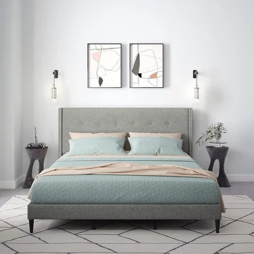 Miniatura 8 de Glenwillow Home MCM - Marco de cama con plataforma tapizada, botón con ribete de cabeza de clavo, respaldo de ala, base de colchón, no necesita Beige