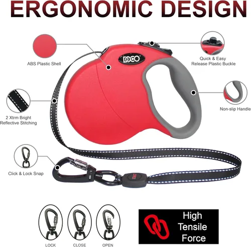 Miniatura 5 de DOCO Correa retráctil para perros pequeños, cinta reflectante con control de parada y bloqueo, cierre giratorio de 360° y correas para perros