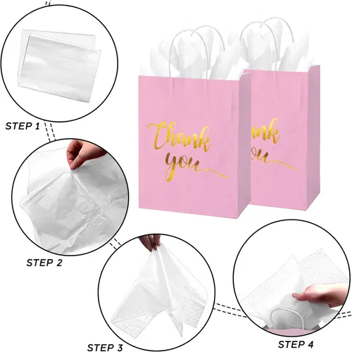 Miniatura 2 de 30 bolsas de regalo de agradecimiento con papel de seda dorado con asas para bodas, cumpleaños, negocios, compras, baby showers, recuerdos de Rosado