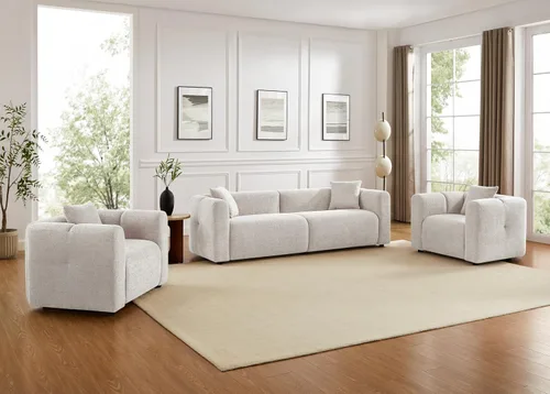 Miniatura 20 de Juegos de muebles de sala de estar VANOMi incluyen sofá de 95" y sillones de 42", sofá tapizado de bouclé extragrande con almohadas, juego de Blanco