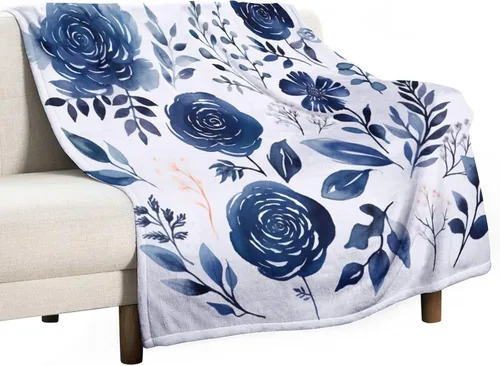Miniatura 10 de Manta de flores de acuarela azul marino, bohemias, manta de acuarela floral con coronas de rosas y hojas de peonías, lujosa, cálida y acogedora