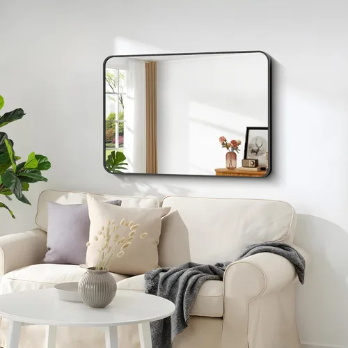 Miniatura 2 de Espejo de baño de 18 x 24 pulgadas con marco de metal negro rectangular, espejo de tocador rectangular de esquinas redondeadas, espejo de pared