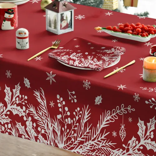 Miniatura 4 de Horaldaily Mantel de Navidad rectangular de 60 x 84 pulgadas, diseño de hojas florales, lavable, para decoración de fiestas, pícnic, cenas Rojo