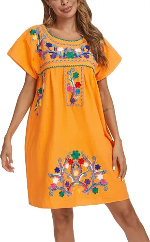 Miniatura 6 de YZXDORWJ - Vestido mexicano bordado de manga corta para mujer