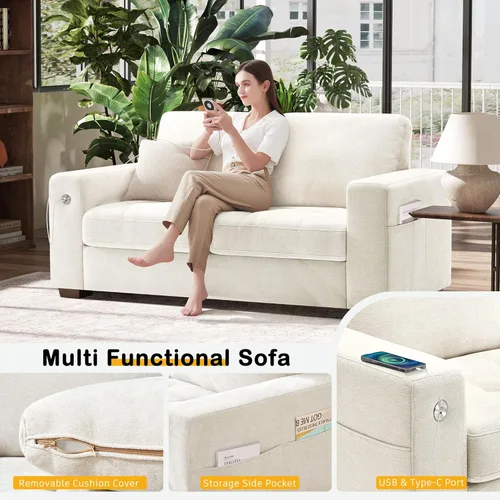 Miniatura 3 de HANHERRY - Sofá biplaza para sala, cómodo, con cojines de firmeza media, funda removible, descansabrazos ancho, puerto USB/Tipo C, tapizado en Beige