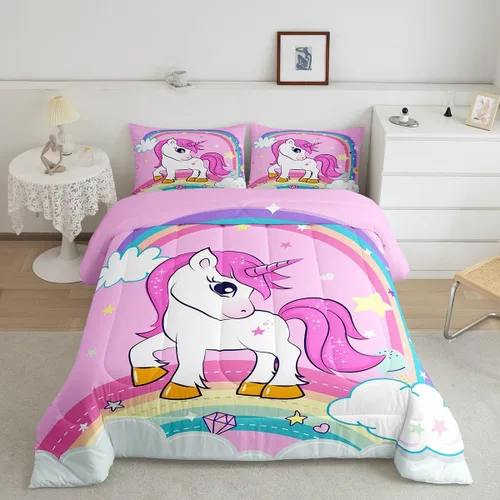 Miniatura 12 de Feelyou Juego de ropa de cama de unicornio para niñas, bonito edredón con purpurina de unicornio de dibujos animados arco iris para niños, juego