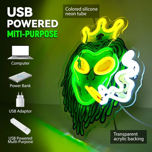 Miniatura 3 de Letreros de neón de alienígena verde con luces LED, luces de neón LED de alienígena fumador con corona, luces de neón LED de alienígena con corona